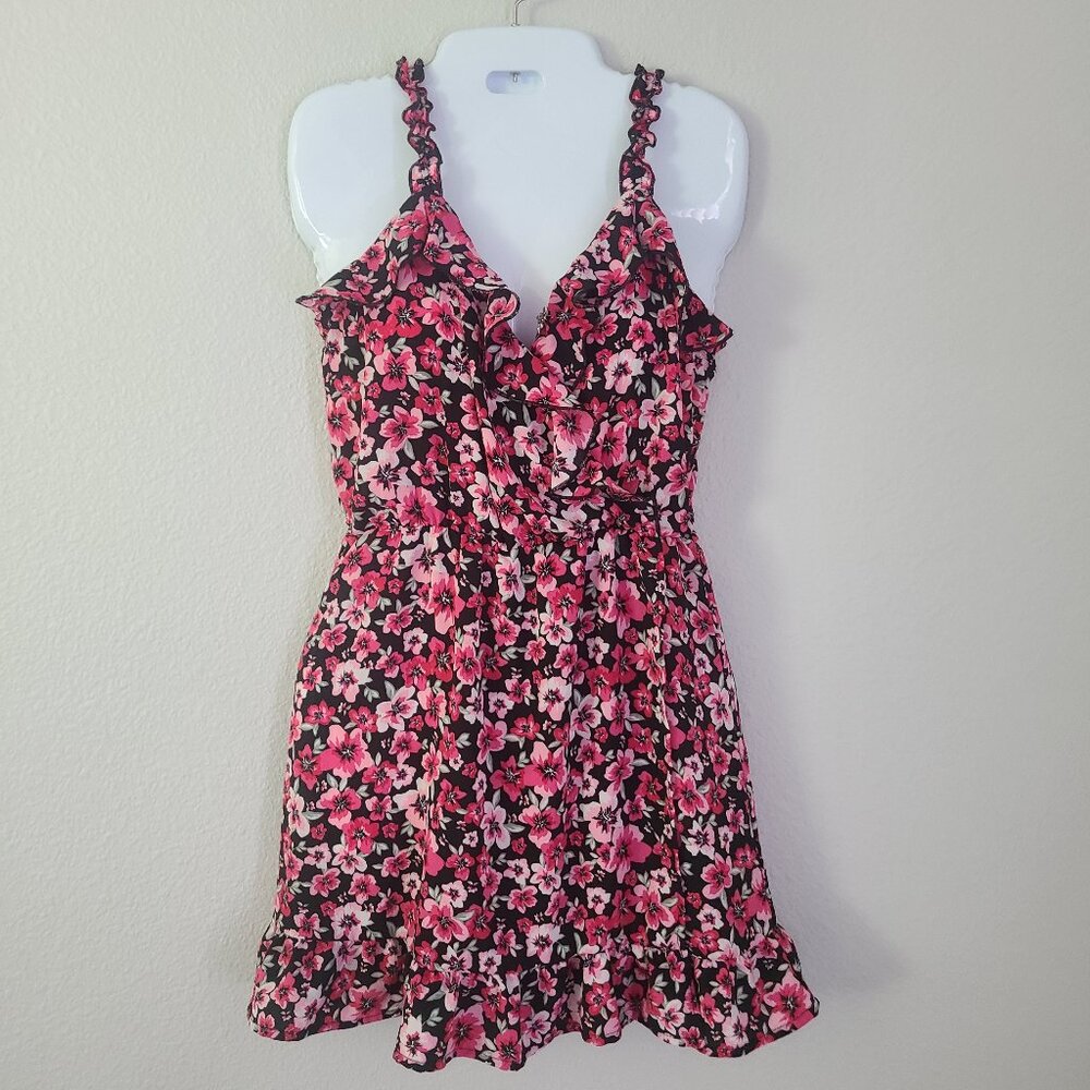 H&M Divided mini floral ruffle dress pink and black size small